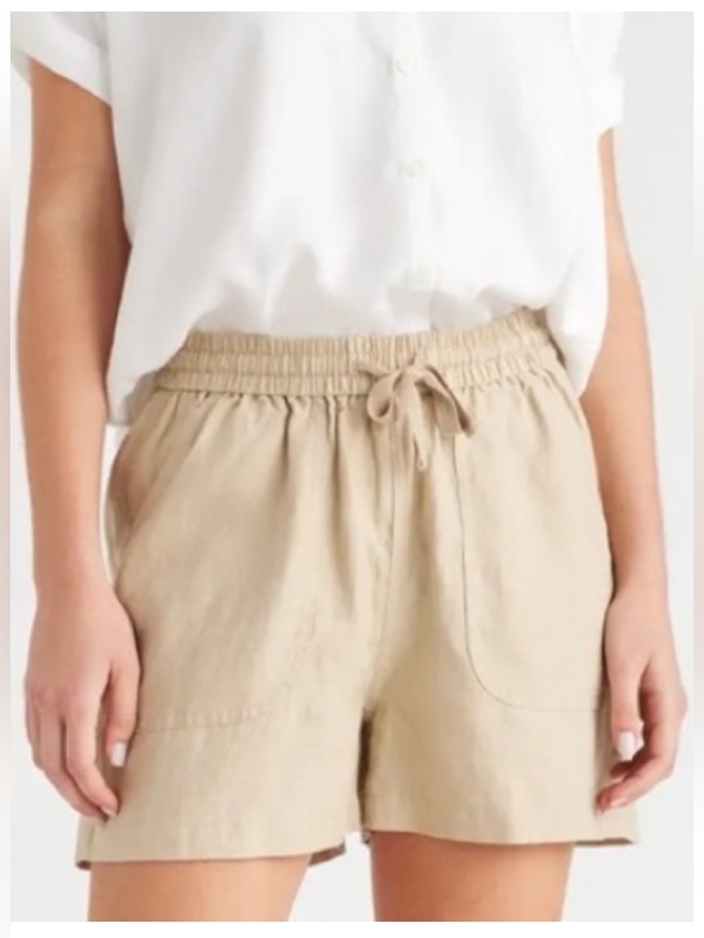 Quince Casual Drawstring 100% European Linen Shorts- Khaki - Picture 4 of 5